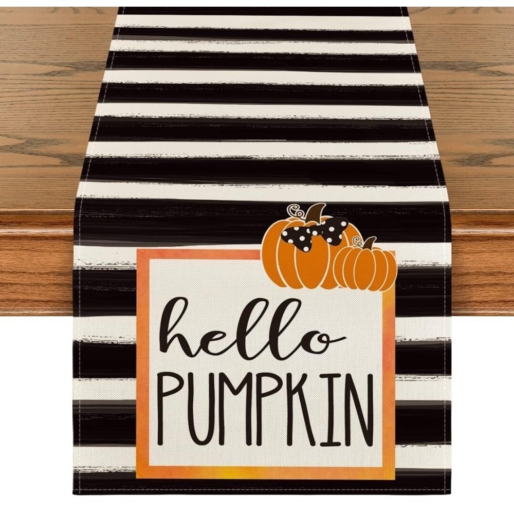 Watercolor Stripes Hello Pumpkin Thanksgiving Table Runner Seasonal Fall Harvest